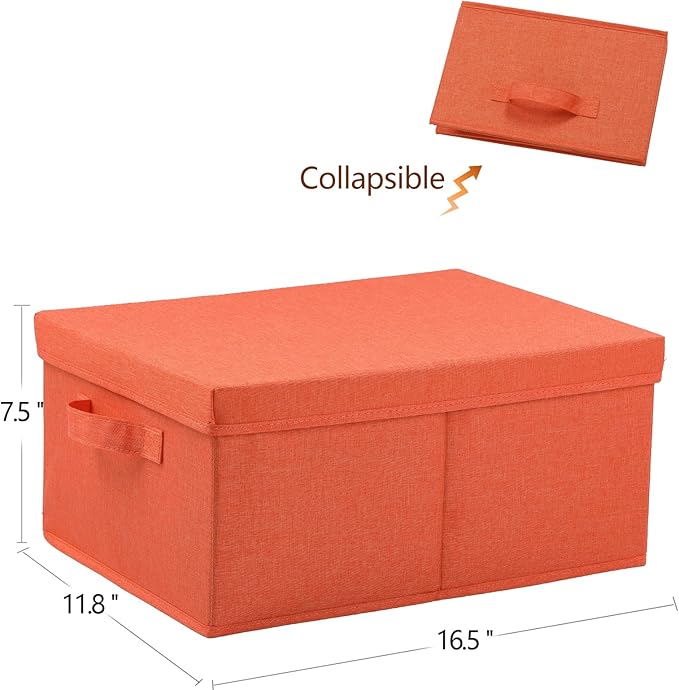 HOONEX Storage Bins with Lids for Organizing, Pack of 2, Storage Boxes with 2 Carrying Handles and Sturdy Heavy Cardboard, 16.5" L x 11.8" W x 7.5" H for Shoes, Books, Clothes, Nursery, Orange-Ruum Studio Home