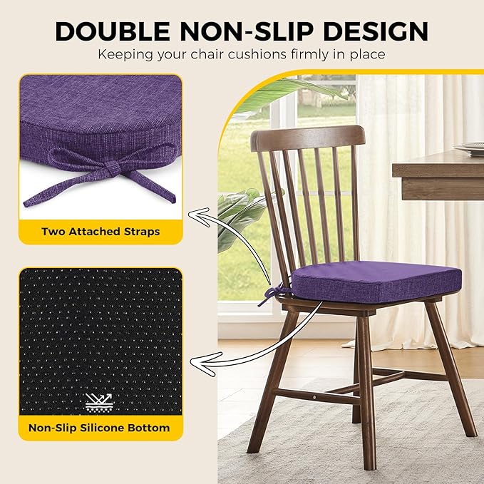 downluxe Indoor Chair Cushions for Dining Chairs, Soft and Comfortable Textured Foam Kitchen Chair Pads with Ties and Non-Slip Backing, 16" x 16" x 2", Purple, 4 Pack-Ruum Studio Home