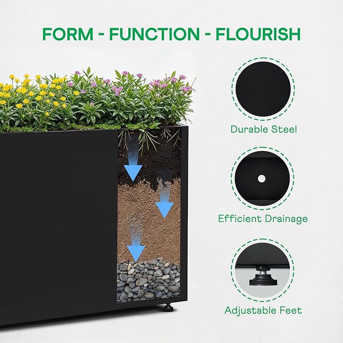 IDZO Metal Planter Box, Privacy Trough for Patio, Rectangle Container for Outdoor Plants, Tall Large Rectangular Steel Bed for Outdoor Greens with Drainage Holes & Adjustable Feet, Black-Ruum Studio Home