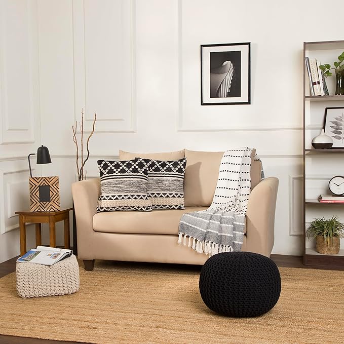 REDEARTH Round Pouf Foot Stool Ottoman - Hand Knitted Bean Bag - Cord Boho Pouffe - Cable Poof Footrest for Living Room - Nursery - Bedroom - Patio - 100% Cotton - Home Decor (19.5"x19.5"x14") - Black-Ruum Studio Home