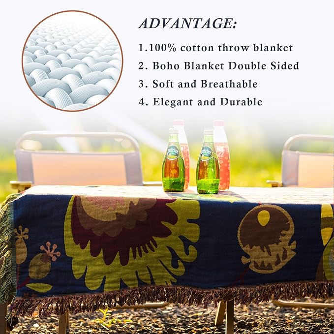 Snycler Boho Throw Blanket for Bed, 100% Organic Cotton Muslin Soft Throw-Blue Boho Floral Farmhouse Rustic Spring Summer Fall Decor Blanket for Couch Sofa Quilt and Gift, 80" x 90"-Ruum Studio Home