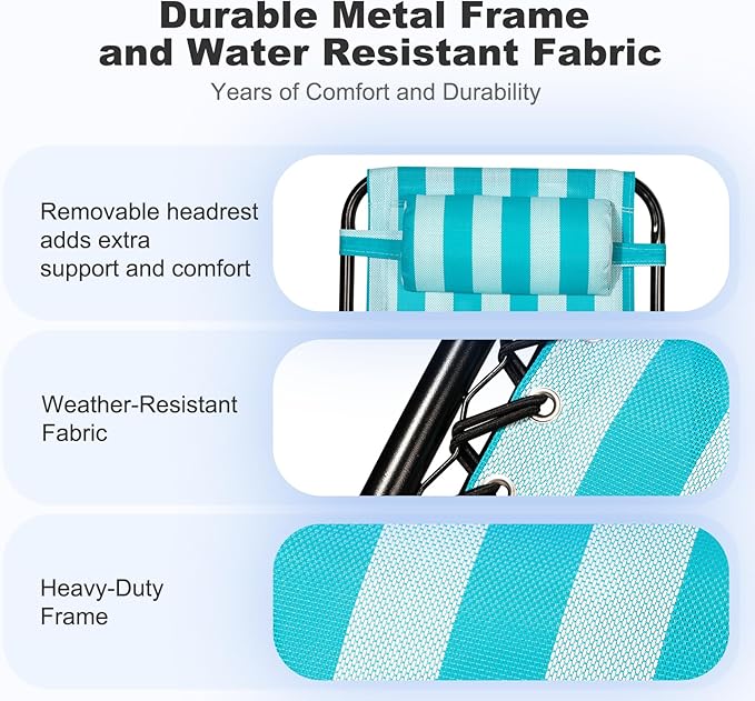 Nazhura Set of 2 Relaxing Recliners Patio Chairs Adjustable Steel Mesh Zero Gravity Lounge Chair Beach Chairs with Pillow and Cup Holder (Light Blue Stripe)-Ruum Studio Home