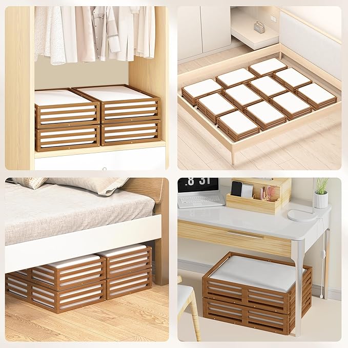 Bamboo Under Bed Storage Containers- Underbed Organizer with Wheels with Large Dust Bag,Sturdy Wood Rolling Under the Bed Shoe Storage Organizer Drawer 2 Packs (Walnut, Small)-Ruum Studio Home