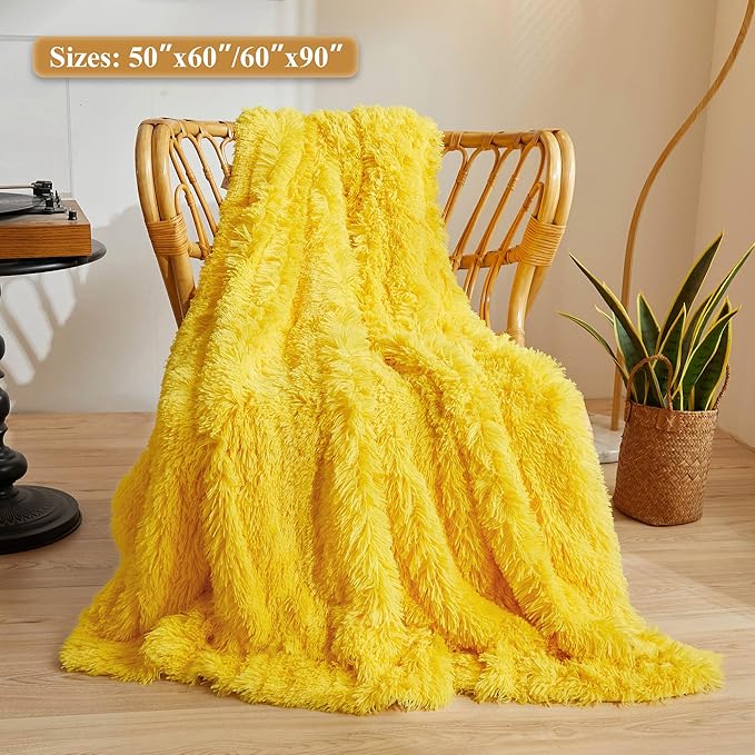 XeGe Luxury Faux Fur Throw, Yellow Soft 50x60 Fluffy Bed Blanket, Cozy Shaggy Plush Decorative Couch Throw, Cute Furry Fuzzy Lap Blanket for Kids Women Men Teen Girls Yellow-Ruum Studio Home