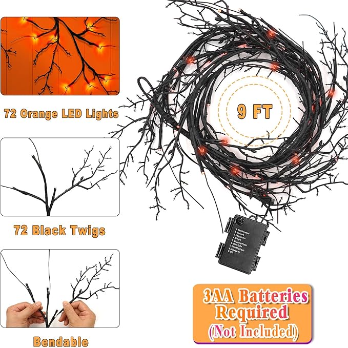 9 FT 72LED Halloween Willow Vine Twig Decor Branches Garland with Lights - 8 Modes Timer - Waterproof Battery Operated for Indoor Wall Fireplace Halloween Decorations-Ruum Studio Home