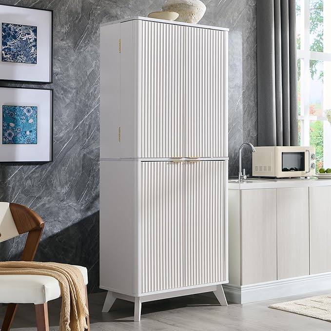 OKD Fluted Kitchen Pantry, 72" Tall Mid Century Modern Storage Cabinet with Adjustable Shelves & Door Organizer, Wood Cabinet for Kitchen, Living Room, Solid White-Ruum Studio Home