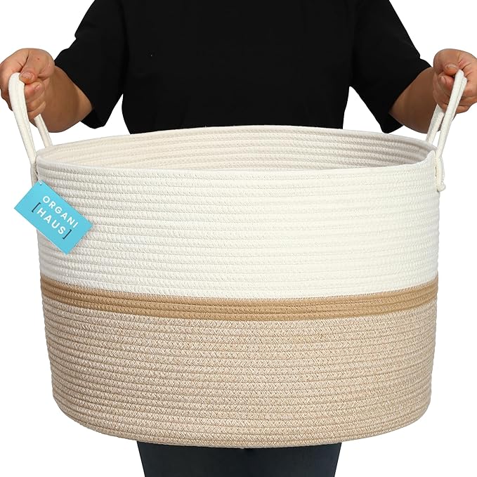 OrganiHaus Boho Woven Basket for Blankets and Laundry, Decorative Large Storage Bin for Living Room, Nursery Basket for Toys & Clothes, Soft Cotton Rope with Handles 20x13 inches - Striped Honey-Ruum Studio Home