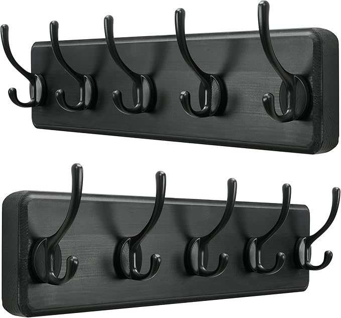 SKOLOO Rustic Wall Mounted Coat Rack, Case of 2, Pine Solid Wood Coat Hook Hanger - 5 Hooks for Hanging Clothes Robes Towels Coats-Ruum Studio Home