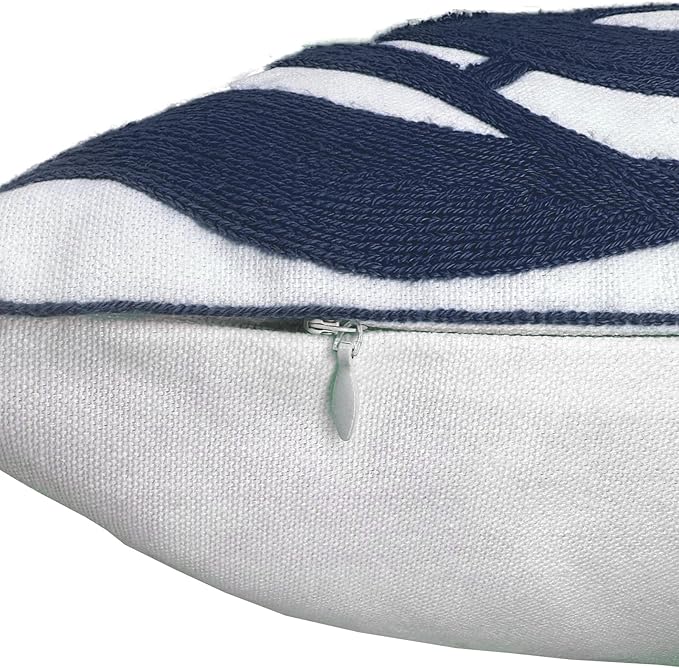 Alysheer Farmhouse Floral Leaves Embroidered Decorative Throw Pillow Cover 18x18 inches, Boho Tufted Flowers Embroidery Pattern Chic Cotton Cushion Case for Couch Bed Sofa Living Room(Navy Blue)-Ruum Studio Home