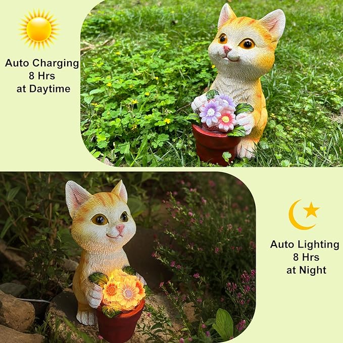 YODY Solar Garden Statues Outdoor Decor- Yard Decorations for Patio, Balcony, Backyard, Lawn Ornaments - Cat Statue with Flower Pot- Unique Cat Lover Gifts for Mom, Grandma, Women-Ruum Studio Home