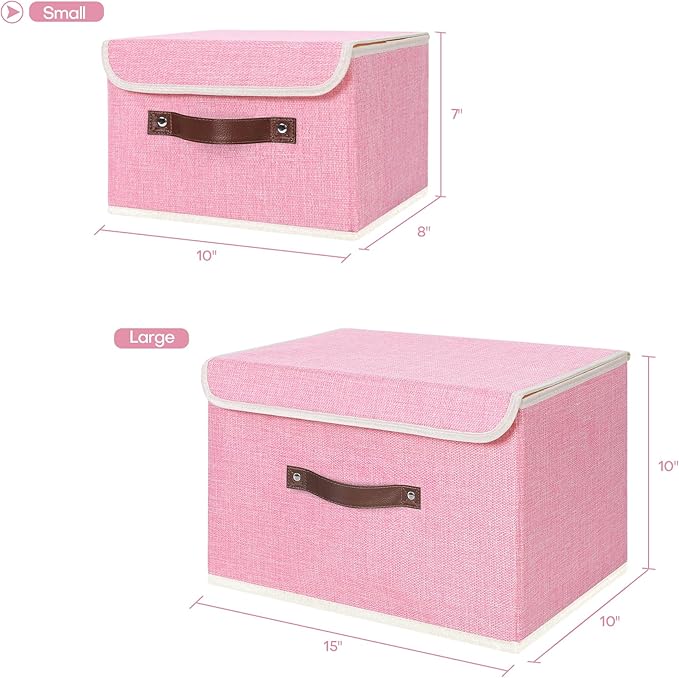 ANMINY 2PCS Storage Bins with Lid PU Leather Handles Storage Boxes PP Plastic Board Decorative Foldable Lidded Cotton Linen Fabric Home Cubes Baskets Closet Organizer Containers - Pink, Small Size-Ruum Studio Home