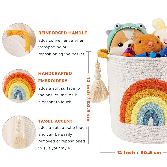 INough Toy Storage Baskets Woven Cotton Rope Storage Basket Kids Blanket Baskets for Living Room, Toys Organizer with Embroidery Colorful Rainbow Decor, Baby Basket for Laundry Nursery (Boho Rainbow)-Ruum Studio Home