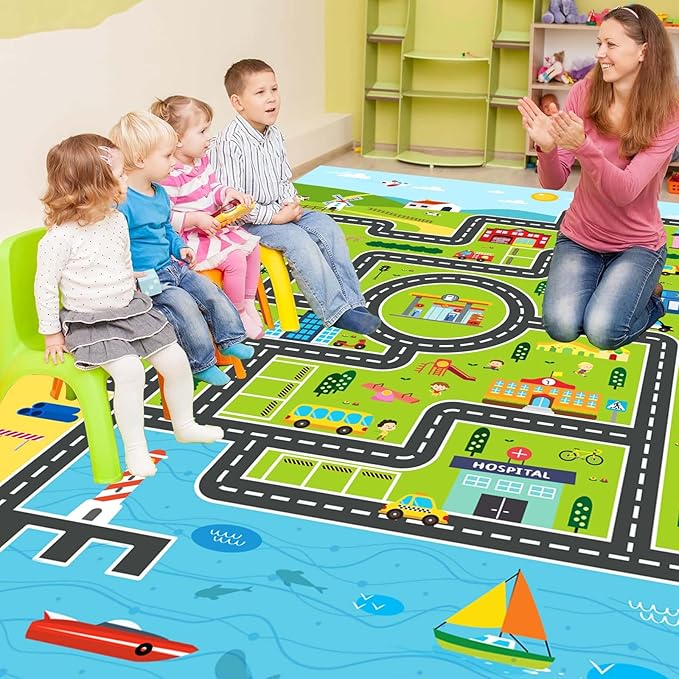 Kids Rug Playroom Car Rug Play Mat City Life Road Rugs Fun City Map for Kids Toy Cars Carpet for Bedroom Boys (Green-Rug, 5.2x7.9ft)-Ruum Studio Home