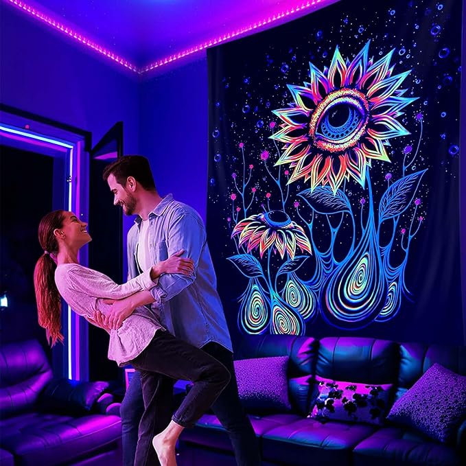 ADDWel Blacklight Sunflower Tapestry, Hippie Eye Tapestry Glow In The Dark, UV Reactive Black Light Upright Posters Wall Hanging for Bedroom Dorm Living Room Backdrop Decor-Ruum Studio Home