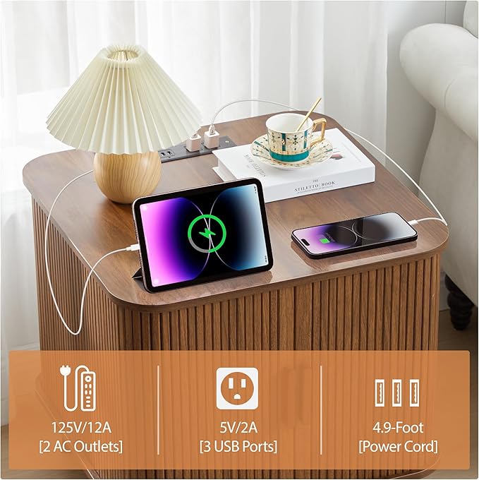 AVZEAR 24" Large Square End Table with Charging Station, Farmhouse Fluted Sofa Side Table with Sliding Tambour Door & Storage, Curved Rustic Wood Nightstand for Living Room, Bedroom, Walnut-Ruum Studio Home