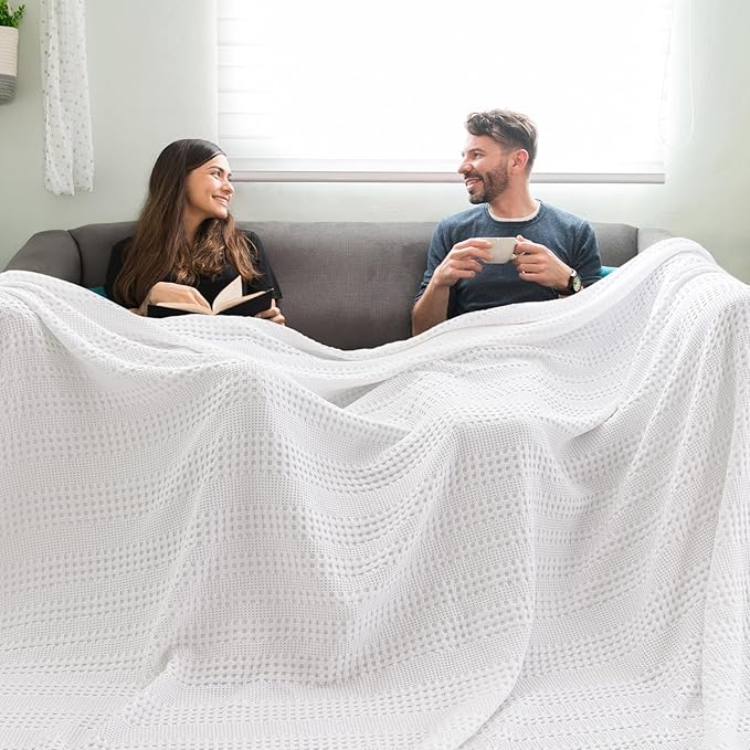 PHF Cooling Waffle Blanket California King Size, Lightweight 60% Rayon Derived from Bamboo & 40% Cotton Breathable Blanket for Hot Sleepers, Soft and Luxury for Bed Couch and Sofa, 110"x96", White-Ruum Studio Home