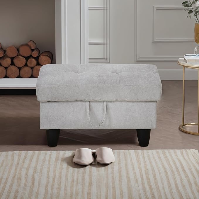 Ottoman Rectangular Storage Ottoman Bench, Flannel Footrest Stool Footstool with Lid for Living Room, Bedroom, Entryway, Khaki, 28.5"x19"x17.5"-Ruum Studio Home