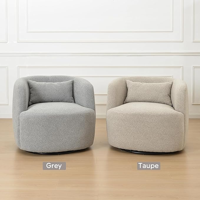 KINWELL 34" Wide Sherpa Swivel Barrel Chair, No Assembly Round Boucle Upholstered Accent Chair Armchair Single Sofa Chair with Toss Pillow for Living Room and Bedroom, Gray-Ruum Studio Home