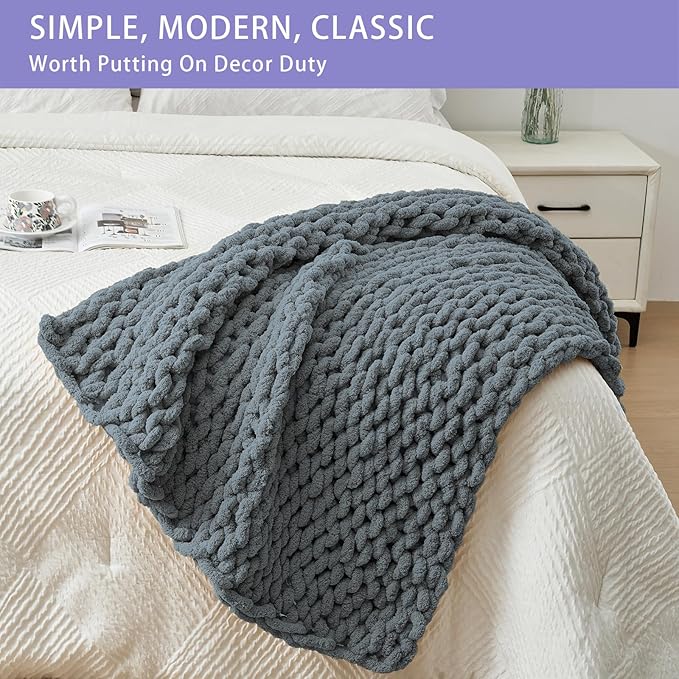 Bigacogo Chunky Knit Throw Blanket for Couch, 40x40 inches, 100% Hand Knitted with Thick Jumbo Chenille Yarn, Cozy Soft Large Rope Knot Cable Crochet Blankets for Sofa Bed Living Room, Iron Gray-Ruum Studio Home