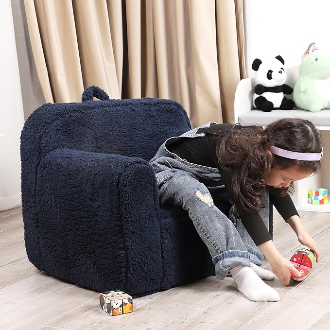 Kids Snuggly-Soft Sherpa Chair, Cuddly Toddler Foam Chair for Boys and Girls, Dark Blue-Ruum Studio Home