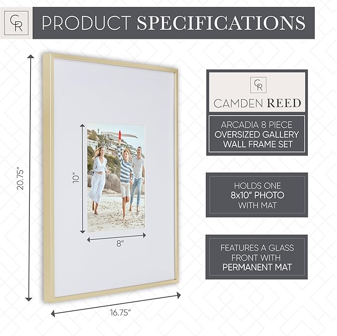 Camden Reed Arcadia 8 Piece Oversized Gallery Wall Frame, 16x20 and 16x16 Inch Matted Frames for Featuring 8x10 and 5x7 Inch Photographs or Art Prints, Gold Finish-Ruum Studio Home