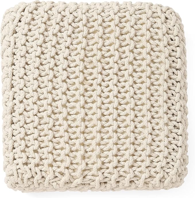 REDEARTH · Cube Low Pouf Foot Stool Ottoman - Hand Knitted Poof - Cord Boho Pouffe - Home Décor - Stuffed Footrest for Living Room - Nursery - Bedroom - Covered Patio - Room (16" x 16" x 8") - Ivory-Ruum Studio Home