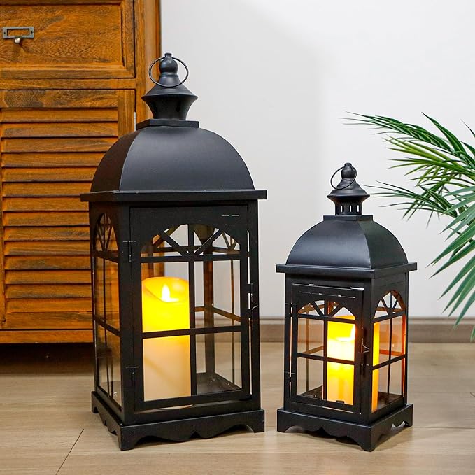 TRIROCKS Set of 2 Decorative Vintage Candle Lanterns 14.5"&20" H Farmhouse Outdoor Hanging Lanterns with Tempered Glass for Porch, Balcony, Patio, Home, Centerpieces, Indoor, Outdoor(Black)-Ruum Studio Home