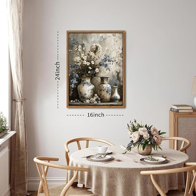 Floating Framed Farmhouse Floral Canvas Wall Art, Vintage Blue and White Flower Pictures Wall Decor, Elegant Art Jar Posters Print for Living Room Bedroom Bathroom Rustic Decor 16x24 inch-Ruum Studio Home