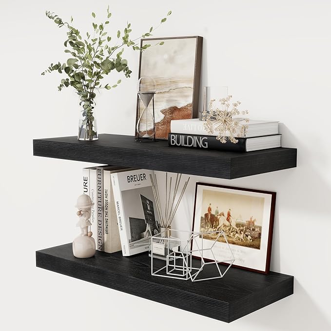 Fun Memories Black Floating Shelves 30" W x 12" D, 12 Inch Deep Floating Shelf for Books, Bathroom, Living Room, Rustic Wood Wall Shelves, 2 Inch Thicked Storage Shelf for Home Storage, Set of 2-Ruum Studio Home