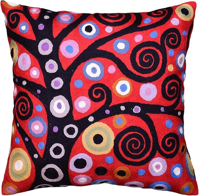 Klimt Tree of Life Pillow Cover | Red Floral Pillowcase | Flower Accent Pillows |Suzani Cushions | Flower Pillows | Modern Floral Cushion Cover | Hand Embroidered Wool Size - 18x18-Ruum Studio Home