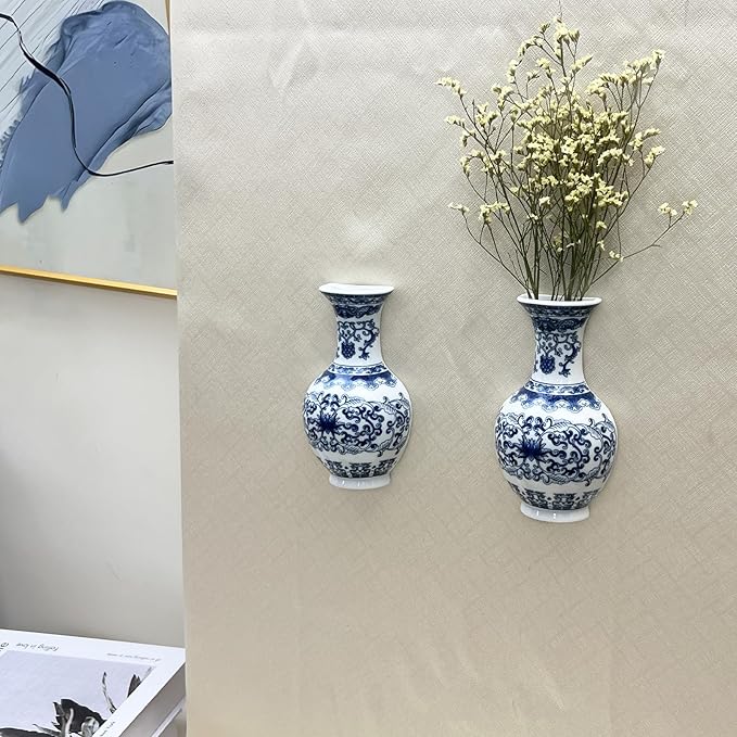 Set of Two Blue and White Porcelain Wall Vases for Flowers – Handmade Chinoiserie Ceramic Wall Mounted Flower Vase, Decorative Hanging Vases for Living Room, Bookshelf & Indoor Décor-Ruum Studio Home