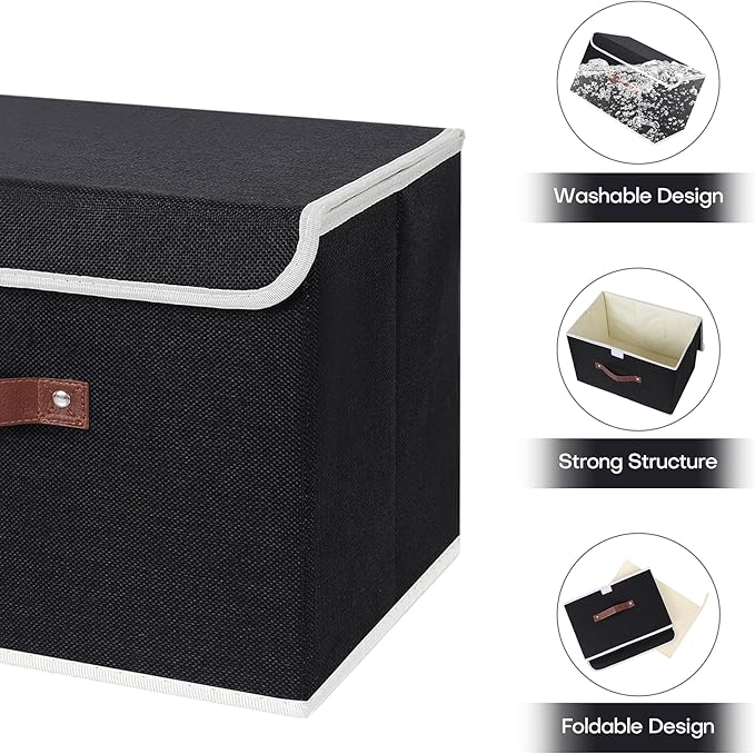 ANMINY 4PCS Storage Bins with Lid PU Leather Handles Storage Boxes PP Plastic Board Decorative Foldable Lidded Cotton Linen Fabric Home Cubes Baskets Closet Organizer Containers - Black, Large Size-Ruum Studio Home