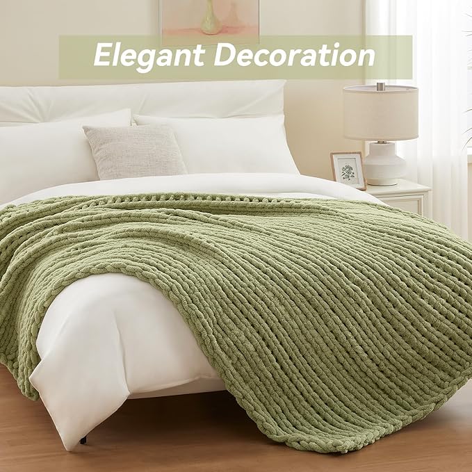 Chunky Knit Throw Blanket, 40''*50'' Knitted Throw Chenille Yarn for Bed Couch, Handmade Light Green Crochet Big Thick Blanket, Machine Washable Cute Comfy Blanket for Home Decor-Ruum Studio Home