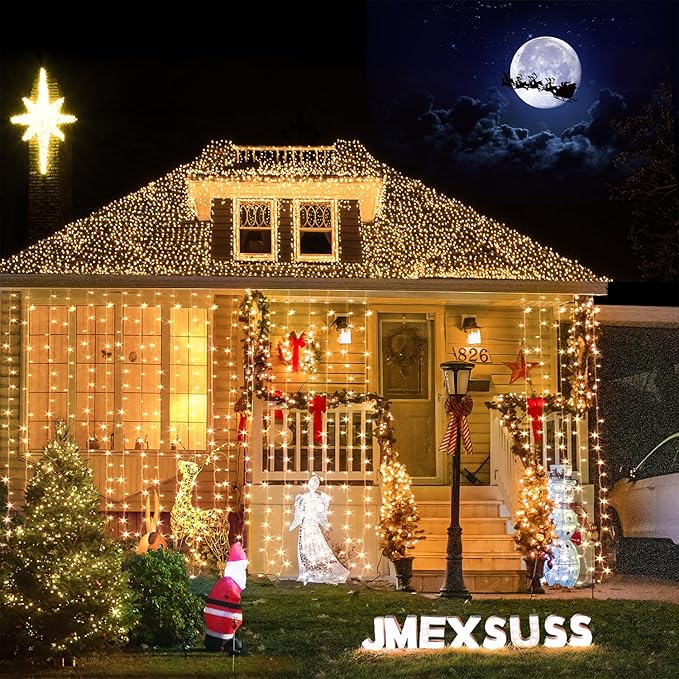 JMEXSUSS 900 LED Outdoor Christmas Curtain Lights, 9.5x29.5ft Christmas Lights Plug in with Remote, Twinkle Hanging String Light for Bedroom Wall Wedding Backdrop Window Gazebo Decor, Warm White-Ruum Studio Home