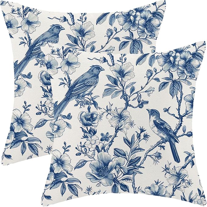 Navy Blue Spring Floral Pillow Covers 18 x 18 Inch Set of 2 for Chinoiserie Vintage Flowers Bird Decor Throw Pillows Plant Farmhouse Outdoor Decorative Cushion Cases for Couch Bed Decorations-Ruum Studio Home