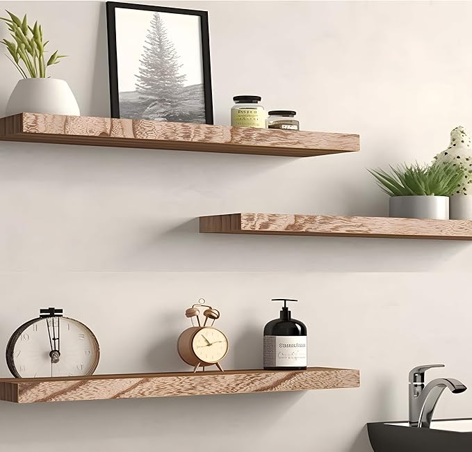 Wood Floating Shelves for Wall Decor, Rustic Wall Shelves for Bedroom Bathroom Kitchen Living Room, Set of 6 Light Walnut-Ruum Studio Home