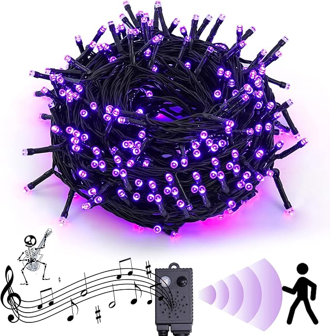 Rotu Halloween Lights Outdoor 114.8 ft 300 LED String Lights with Music Sync Spooky Sounds Halloween Decorations Fairy Lights Indoor Waterproof for Yard Porch Haunted House Decor (Purple)-Ruum Studio Home