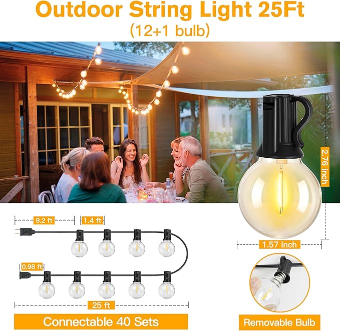 Cccinny Outdoor String Lights 25 FT G40 Globe String Lights with 13 Edison Plastic Bulbs(1 Spare), Waterproof Shatterproof Connectable Hanging Lights for Backyard Porch Balcony Party Xmas Decor-Ruum Studio Home