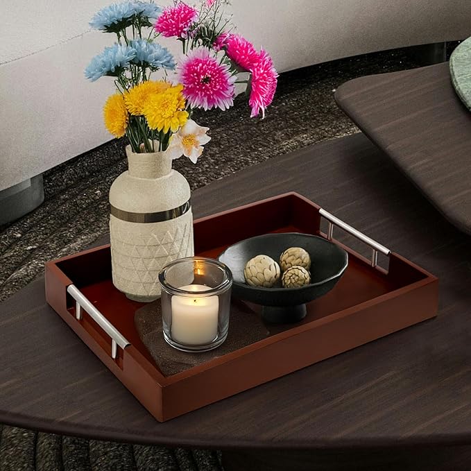 Acacia Wood Serving Tray with Handles - 17" x 13" Rectangular, Decorative Ottoman Tray for Living Room, Coffee Table, Breakfast in Bed, Candle Display-Ruum Studio Home