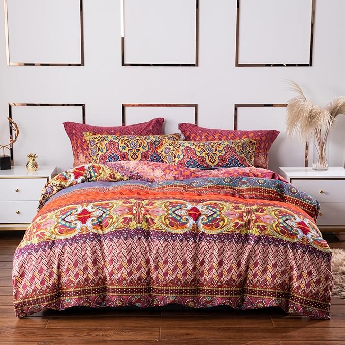 ABREEZE Bohemian Duvet Cover Set Colorful Orange Boho Retro Bedding Set Damask Paisley Cotton Duvet Cover Tribal Reversible Bedding Exotic Style Comforter Cover 3-Piece Cal.King-Ruum Studio Home