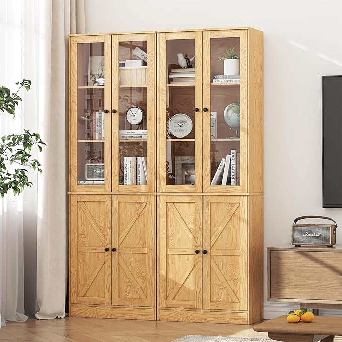 71" Tall Bookcases Set of 2, Bookshelves with Doors, 5-Shelf Bookcase with Storage, Wooden Bookshelf Floor Standing Display Storage Shelves Home Decor Furniture for Living Room,Bedroom,Natural-Ruum Studio Home