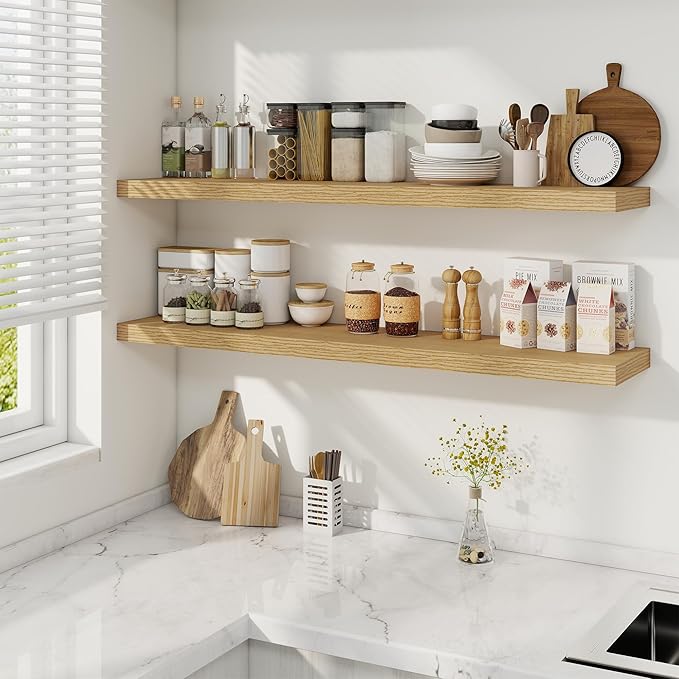 Fun Memories 48 Inch Deep Floating Shelves for Wall, 2 Pack of Long Wall Mounted Wood Shelves with Invisible Brackets for Bathroom, Bedroom, Living Room, Kitchen Decor and Storage, Oak-Ruum Studio Home