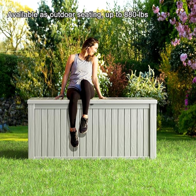 150 Gallon Deck Box,Resin Outdoor Storage Box with Lockable for Patio Furniture, Pool Accessories, Garden Tools Waterproof Outside Storage Box, Grey-Ruum Studio Home