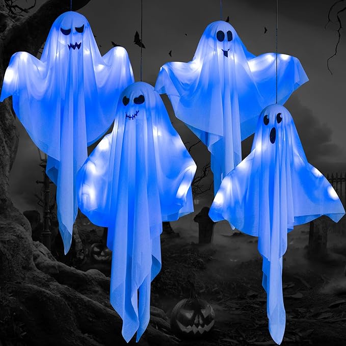 4 Pack Halloween Hanging Ghost Decorations, 27.5" Light Up Spooky Floating Ghosts with LED Glow, Waterproof Outdoor & Indoor Haunted House, Porch, Yard, Garden Party Decor-Ruum Studio Home