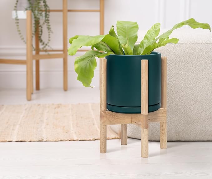 D'vine Dev Ceramic Planter with Natural Stand - 8 Inch Modern Round Flower Pot with Wood Planter Holder, Teal, 55-B-N-4-Ruum Studio Home