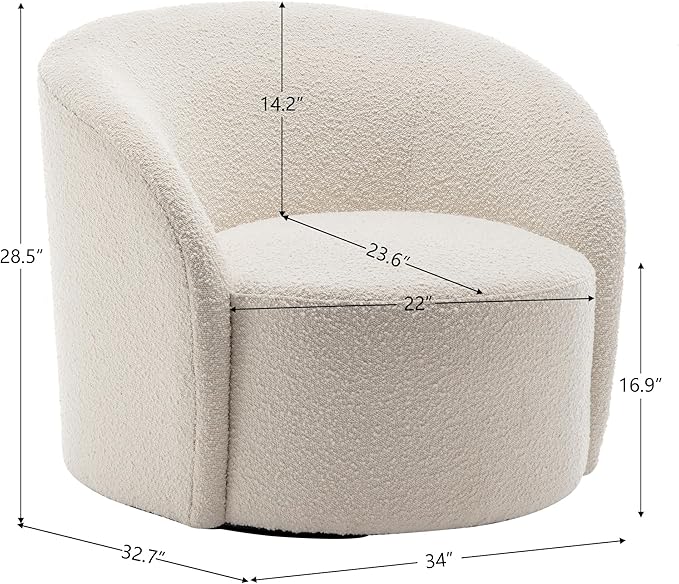KINWELL 34" W Mid Century Modern Swivel Barrel Chair, Round Upholstered Boucle Swivel Accent Chairs, No Assembly Sofa Chair for Living Room Bedroom Reading Apartment Lounge Nursery(Cream)-Ruum Studio Home