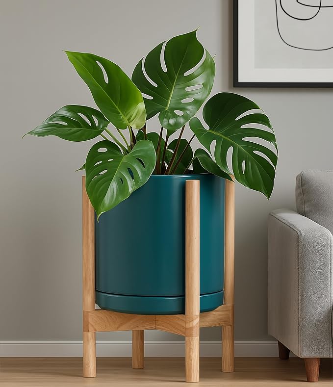 D'vine Dev Ceramic Planter with Natural Stand - 12 Inch Modern Round Flower Pot with Wood Planter Holder, Teal, 55-B-J-4-Ruum Studio Home