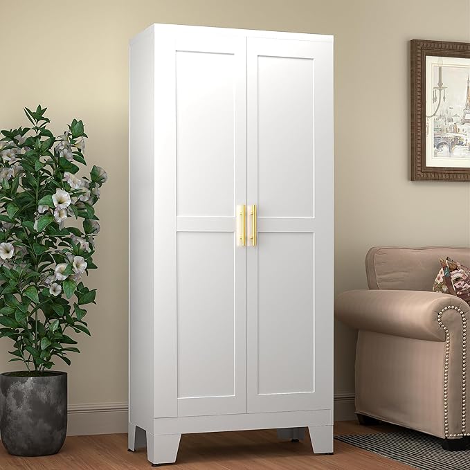 61.02" Pantry Cabinet, Kitchen Pantry Storage Cabinets with Adjustable Shelves and Feet, White Pantry Storage Cabinet for Kitchen, Dining Room, Living Room and Bathroom (White) Metal-Ruum Studio Home