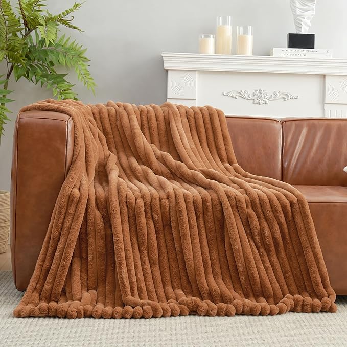 Amélie Home Faux Fur Throw Blanket for Couch, Cozy Fuzzy Fluffy Fur Luxurious Soft Striped Plush Gift Blankets for Family Sofa Chair Bed Living Room Bedroom, 55"x70", Brown-Ruum Studio Home