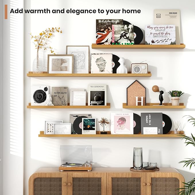 Fun Memories Picture Ledge Shelves Set of 2, 32 Inch Rustic Wall Mounted Floating Shelves with Lip for Home Storage and Décor in Bathroom, Kitchen, Nursery, Bedroom, Living Room, Oak-Ruum Studio Home